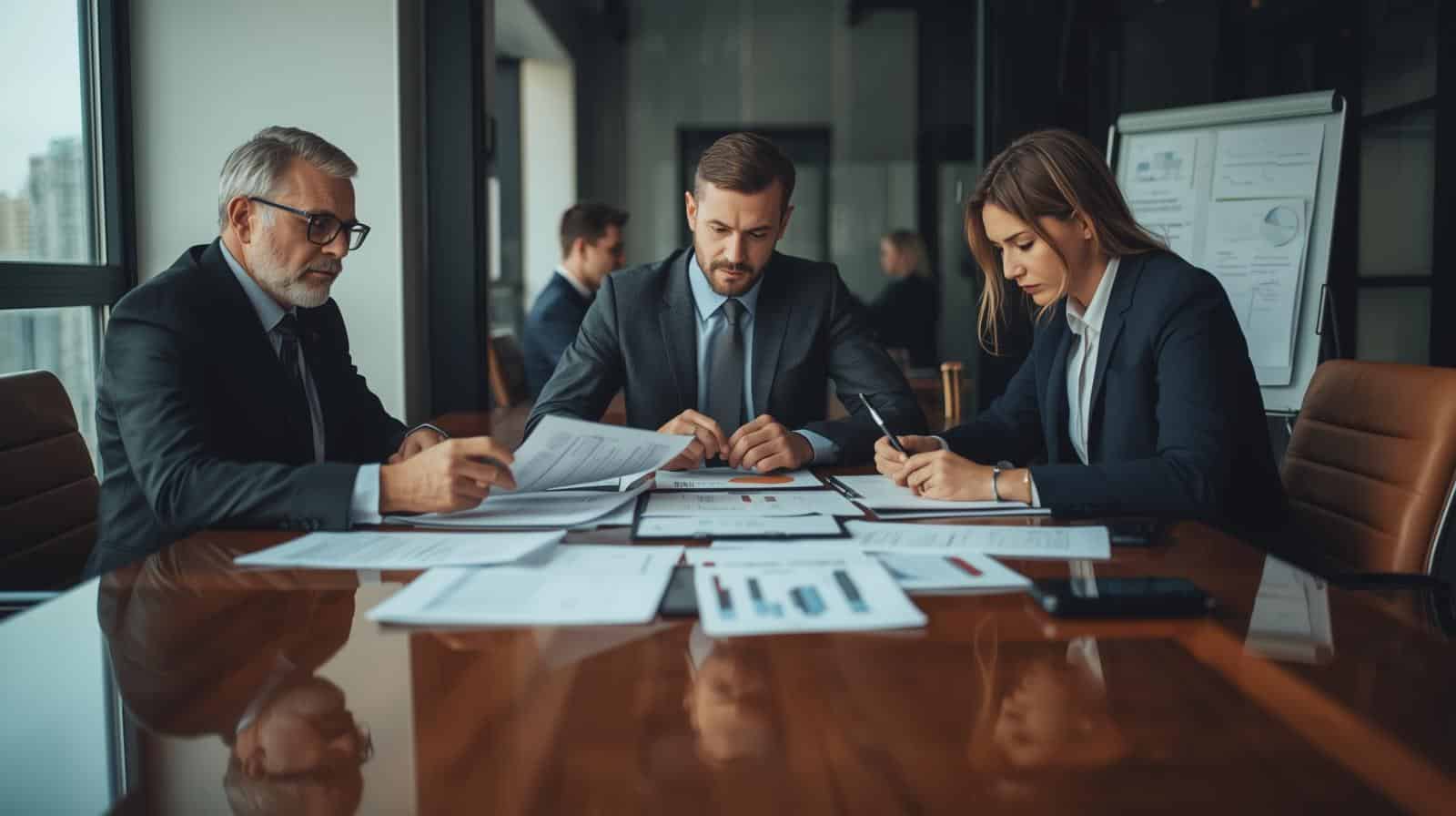 Corporate auditing team reviewing documents in a boardroom meeting